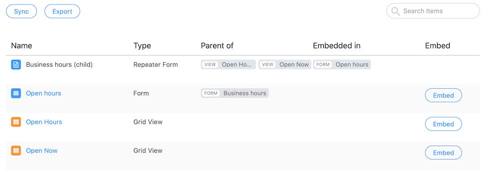 This is a screenshot of a table displaying information about forms and grid views, including columns for "Name," "Type," "Parent of," "Embedded in," and "Embed." The entries include "Business hours (child)" as a Repeater Form, "Open hours" as a Form, and multiple "Open Hours" and "Open Now" as Grid Views, each with associated "Embed" buttons.