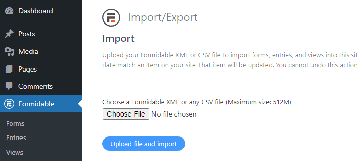 Import and Export WordPress files with Formidable Forms database plugin