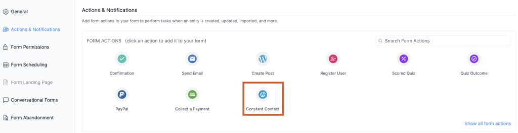 In your form settings, click 'Constant Contact'