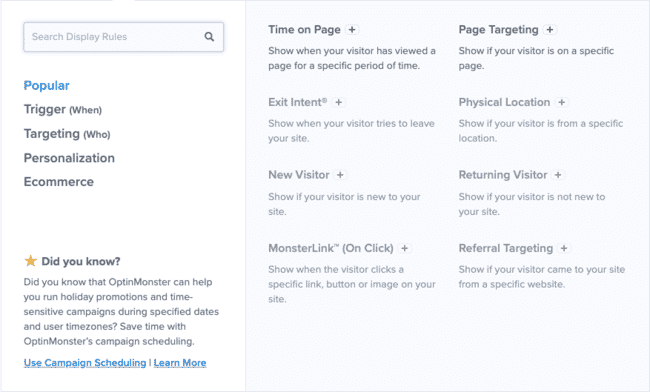 OptinMonster's display rules settings
