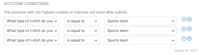 Setting up an outcome quiz for adding product recommendations to a website.