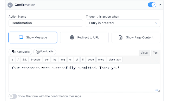 Show a message with the confirmation form action