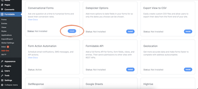 How to install the Conversational Forms add-on in Formidable