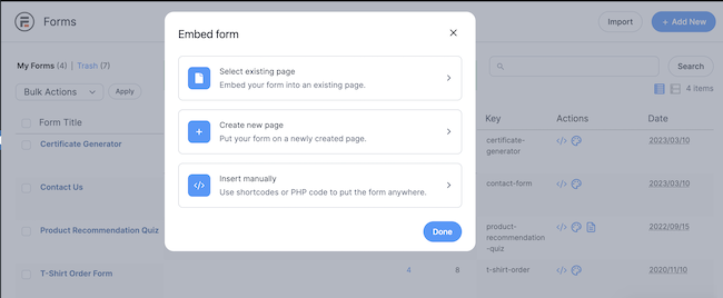 WordPress form embed options