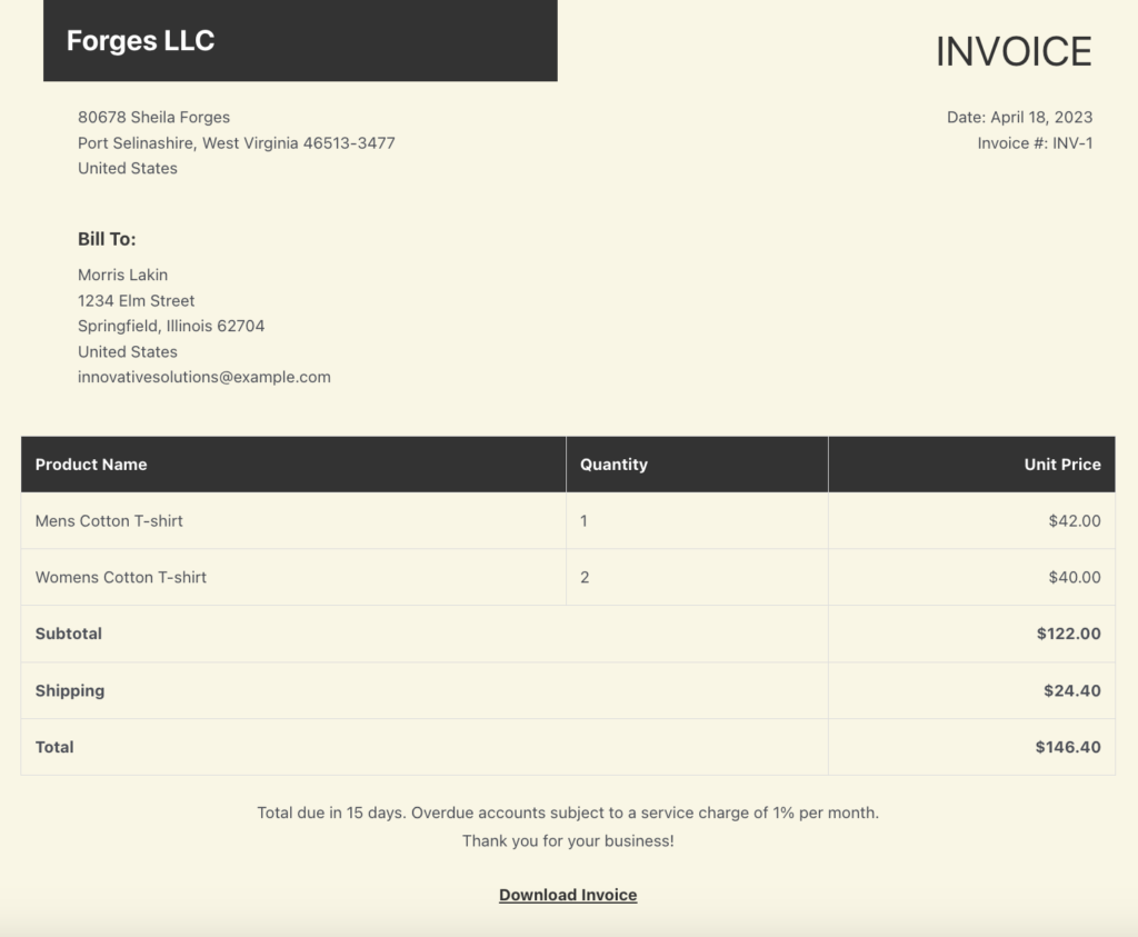 An example invoice PDF design with a business named Forges LLC