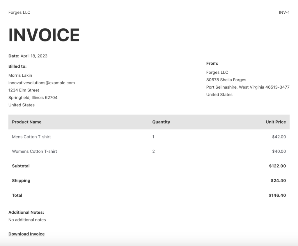 An example invoice with a black and white theme