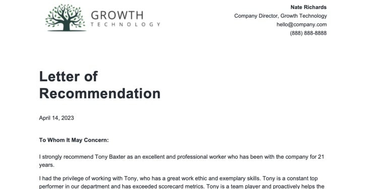 letter of recommendation template
