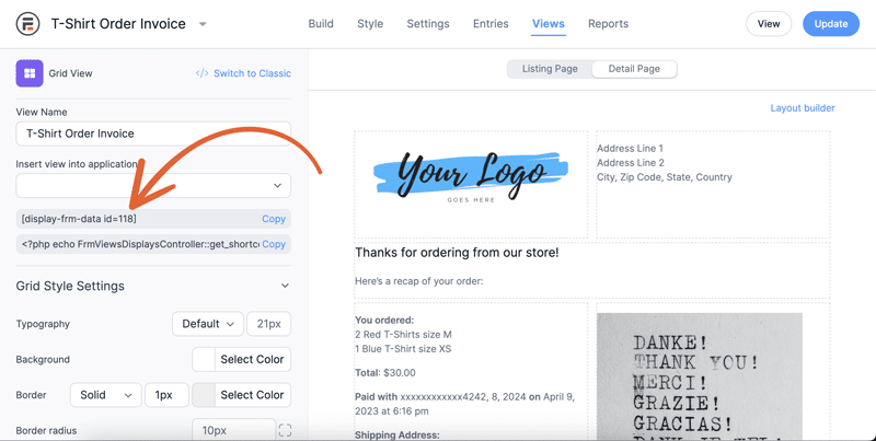 Where to find your invoice ID in Formidable's Wordpress invoice generator