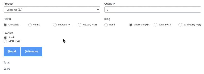 A recording that shows the product field, quantity field, and total field in action.