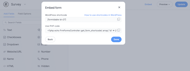 Survey form embed shortcode in Formidable Forms