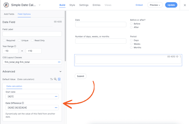 Date calculator settings in WordPress form