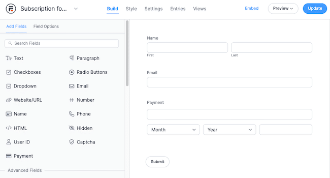 An example Stripe payment form