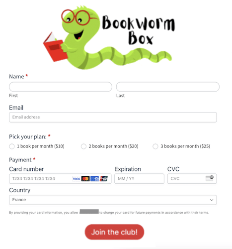 Book club monthly subscription payment form example