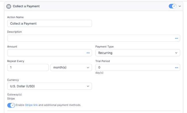 Settings for collecting a payment in a WordPress form
