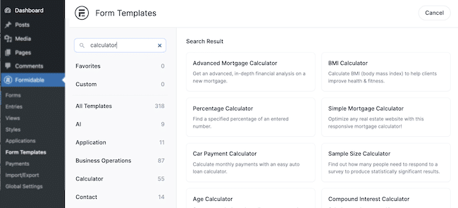 Online calculator form templates for WordPress
