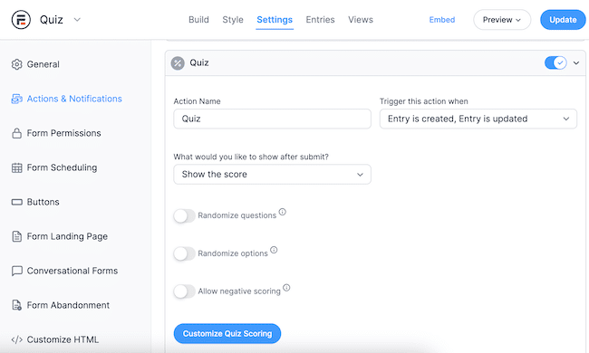 WordPress quiz scoring settings
