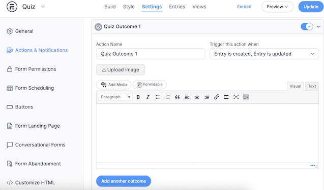 WordPress outcome quiz settings 