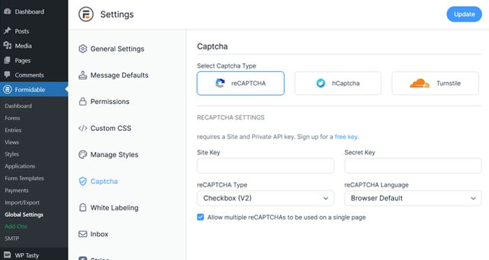 spam filter CAPTCHA settings for Formidable's 3 options: reCAPTCHA, hCaptcha, and Turnstile