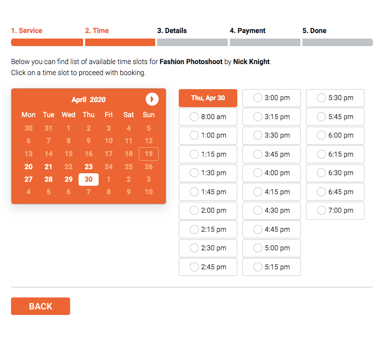 Bookly example booking calendar