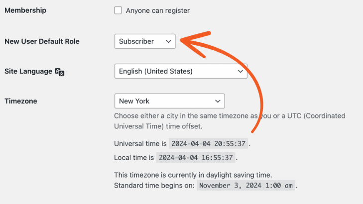 The subscriber role in the WordPress settings