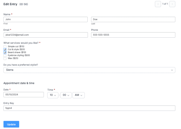 An example appointment booking form with the name John Doe and the email, phone, services, preferred stylist and appointment date and time.