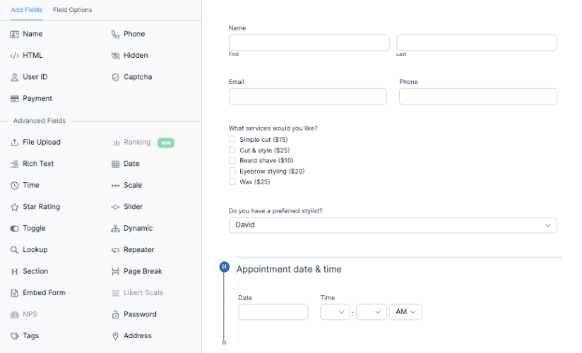 The Formidable Forms form builder with custom fields for a barbershop