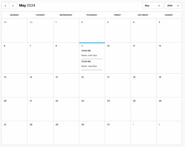 An example appointment calendar for the month of May with two bookigns
