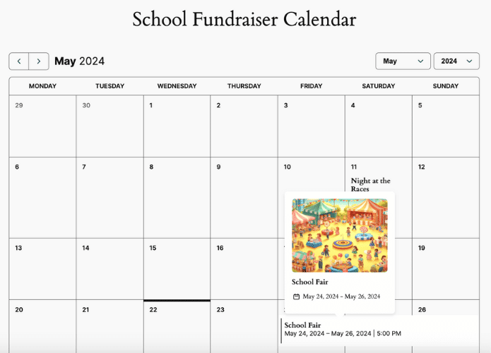 An example school fundraiser calendar