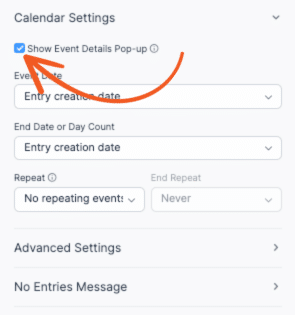 Show event details pop-up checkbox