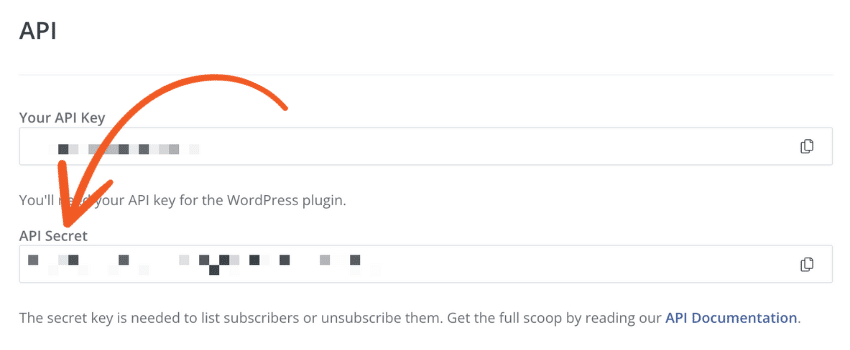 Screenshot of the API settings in ConvertKit, showing partially obscured fields for "Your API Key" and "API Secret." A red arrow points to the "API Secret" field. The text indicates that the API key is used for the WordPress plugin, while the secret key is needed to list or unsubscribe subscribers, with a link to the API Documentation for more details.
