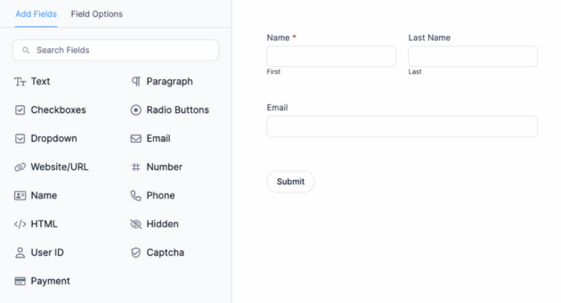 Screenshot of a form builder interface for creating a newsletter signup form. On the left, there are options to add various fields such as Text, Checkboxes, Dropdown, Email, Name, and more. On the right, the form preview shows fields for "Name," "Last Name," and "Email," with a "Submit" button below them.