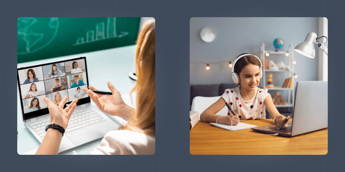 A teacher conducting an online class with students, shown on a laptop screen in a virtual classroom, alongside a young girl participating in the class, wearing headphones and writing in a notebook.