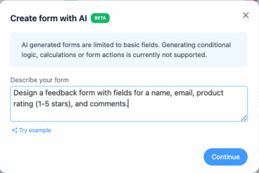 A prompt screen titled "Create form with AI (Beta)" instructs to design a feedback form with fields for name, email, product rating (1-5 stars), comments, and a submit button. The screen also features a blue "Continue" button at the bottom right.