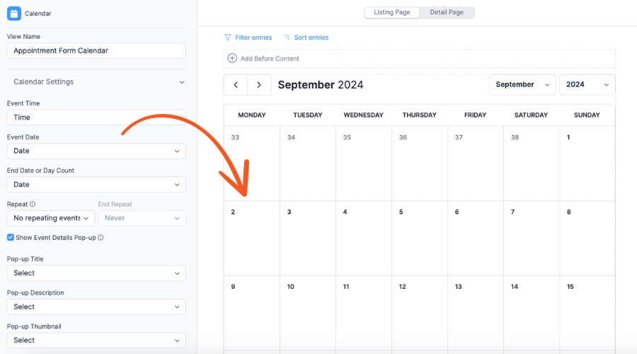 Formidable Views editor with a red arrow pointing toward the calendar to customize it