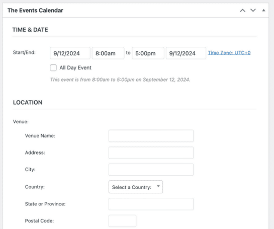 This image displays a section from an event creation interface titled "The Events Calendar." The section has fields to input event details including start and end dates, times, and location. It shows a date range from September 12, 2024, 8:00 AM to 5:00 PM, with additional options to specify the venue, address, city, country, and other location details, which are currently blank. There's also an option to mark the event as "All Day." The time zone is displayed as UTC+0.