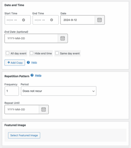 This image shows the "Date and Time" settings for scheduling an event. The fields include start time, end time, and date, with the selected date set to September 12, 2024. There are optional fields for specifying an end date, marking the event as "All day," hiding the end time, or indicating that it's a same-day event. There is also a section for defining a "Repetition Pattern," with options to set the frequency and period, currently showing "Does not recur." The form also allows for selecting a featured image for the event.