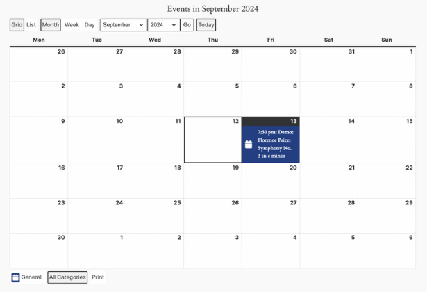 This image shows a calendar view of events for September 2024. It highlights an event on September 12 at 7:30 PM titled "Demo: Florence Price: Symphony No. 3 in C minor." The calendar interface allows users to view events in different formats such as Grid, List, Month, Week, or Day. There are buttons to switch between months and years, and the event is categorized under "General." The layout includes options to filter by categories and print the calendar.