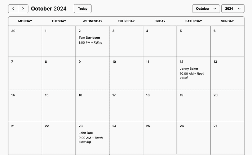 An example calendar for a dentist's office