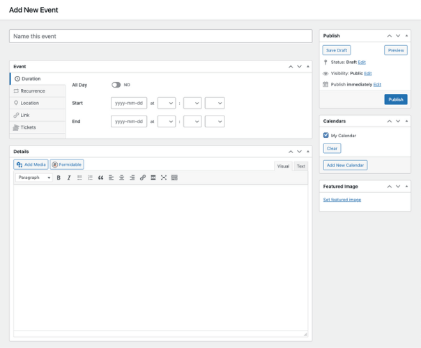 This is a screenshot of a user interface for adding a new event, likely in a calendar or event management system. It features input fields for the event name, start and end date, and options for setting all-day events or recurrence. There are also sections for adding details via a text editor, and options for saving, publishing, or setting visibility, as well as a sidebar with calendar selection and featured image settings.