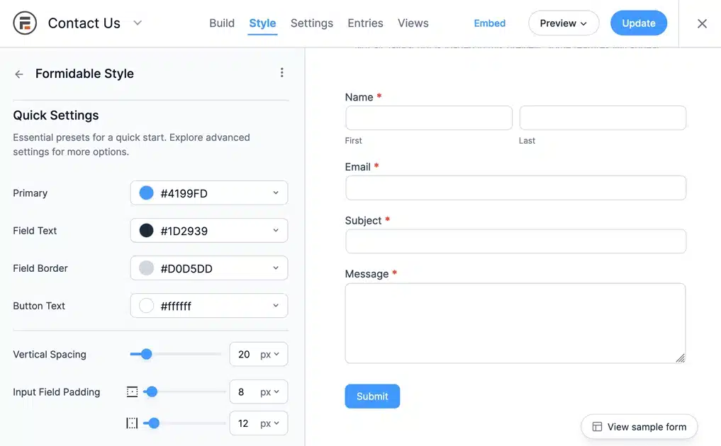 Formidable Forms Visual Styler dashboard