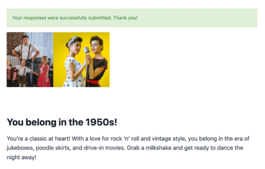 Example outcome quiz page for the 1950s result