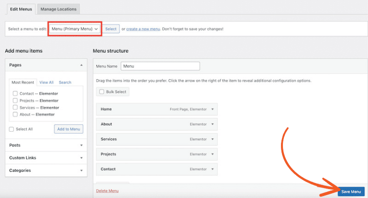 Screenshot of the WordPress "Edit Menus" page under the menu customization section. The "Menu (Primary Menu)" is selected from the dropdown for editing. The "Menu Structure" section shows items like Home, About, Services, Projects, and Contact, all assigned to Elementor. The left panel offers options to add items from Pages, Posts, Custom Links, and Categories. A prominent blue "Save Menu" button is highlighted in the bottom right, with an arrow pointing to it as a reminder to save changes.