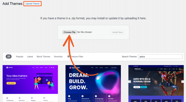 Screenshot of the WordPress "Add Themes" page highlighting the "Upload Theme" option. The central section contains a box with a "Choose File" button for uploading theme files in .zip format, with an inactive "Install Now" button next to it. Below, themes like Astra, SastraWP, and Astralis Lite are displayed as search results with thumbnail previews and options to install or preview.