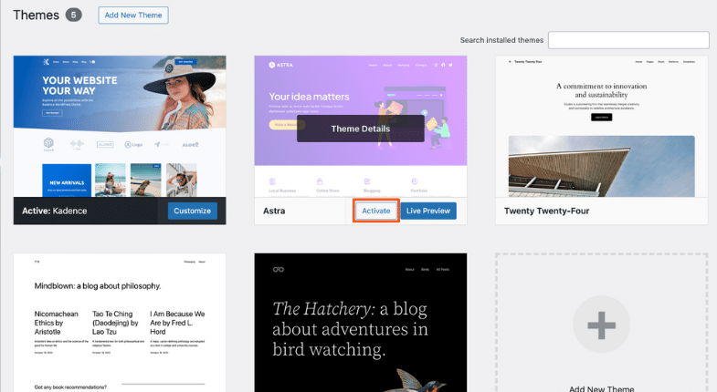 Screenshot of the WordPress "Themes" page displaying installed themes, where the "Astra" theme has an "Activate" button highlighted, along with an option for "Live Preview." The currently active theme is "Kadence," marked with an "Active: Kadence" label and a "Customize" button. Other themes shown include "Twenty Twenty-Four," "Mindblown," and "The Hatchery." A tile labeled "Add New Theme" is visible in the last position.