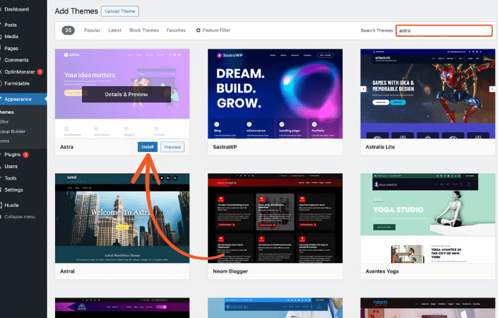 Screenshot of the WordPress "Add Themes" page showing a search for the "Astra" theme. The theme results display various options, with the purple Astra theme highlighted at the top left, accompanied by an "Install" button and a preview option. Other themes shown include SastraWP, Astralis Lite, Astral, Neom Blogger, and Aunvex Yoga, each with distinct preview images. The left sidebar shows navigation options like Dashboard, Posts, Media, Pages, and Plugins.