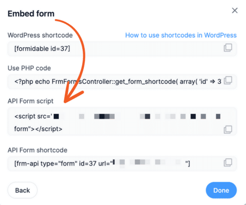 Formidable Forms embed form options with a red arrow pointing to the API script