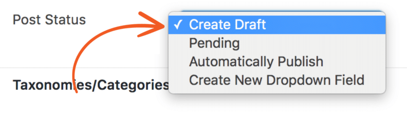 A red arrow points to the Create Draft option in Formidable Forms for user submitted posts in WordPress