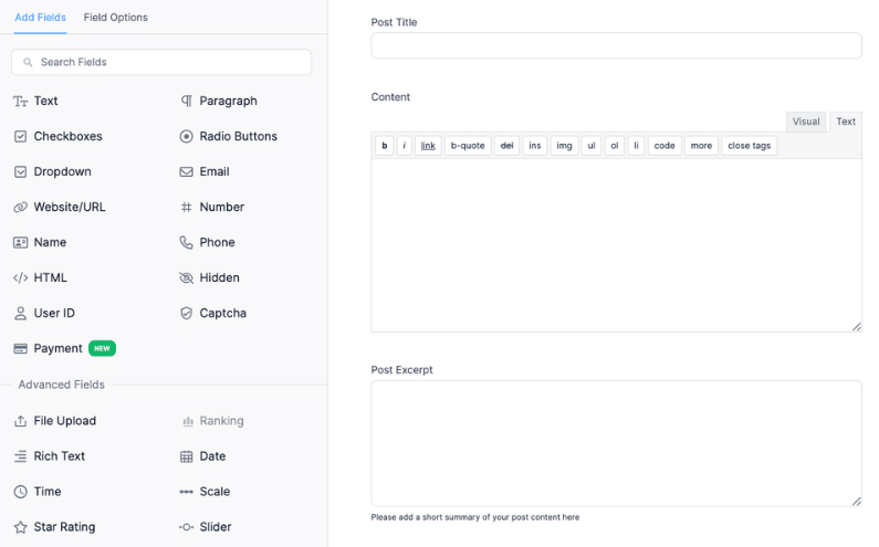 A Formidable Forms interface showing advanced fields, including file upload, rich text, and slider options, alongside sections for entering post title, content, and excerpt.