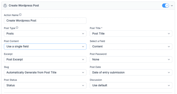A detailed settings interface for creating a WordPress post within Formidable Forms, including options to select post type, title, content field, and post status.