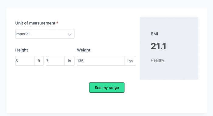 A BMI calculator with inputs for height (5 ft 7 in) and weight (135 lbs), set to imperial units. The result shows a BMI of 21.1 labeled "Healthy."